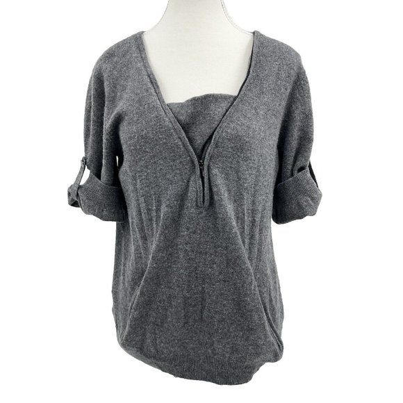 BCBG MAXAZRIA 100% lambswool GRay V-NECK SHORT SLEEVE 2 POCKETS ZIP SWEATER L - Picture 1 of 8